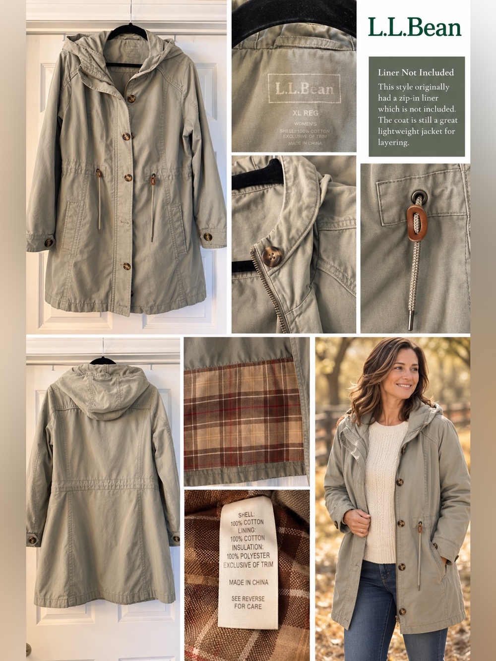 L.L.Bean Women’s Hooded Utility Parka Coat Sage Green Plaid Flannel